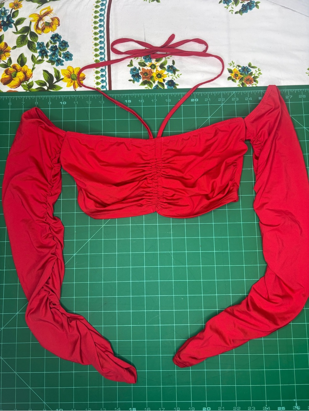 SHEIN Red Off-Shoulder Ruched Long Sleeve Crop Top